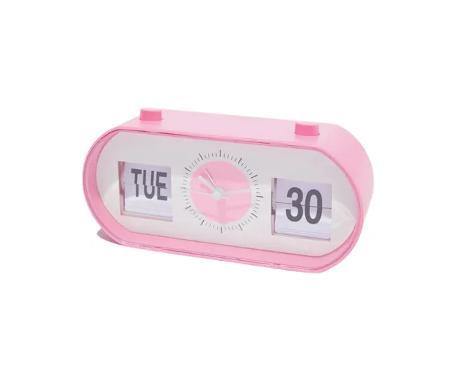 Pink flip clock showing Tuesday 30th date with analog clock face in the center.
