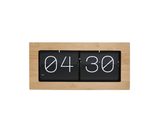 Flip clock displaying 04:30 PM with a wooden frame.