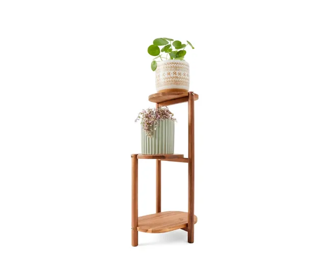 Wooden plant stand with two potted plants placed on it, featuring a clean white background.