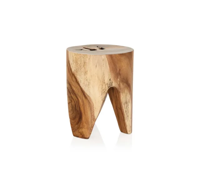 Wooden stool with natural grain patterns and a tooth-like design, featuring three curved legs.