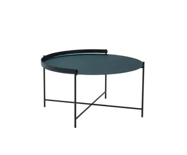 Round metal coffee table with a blue top and thin, black frame.