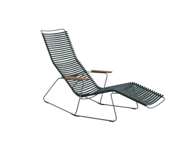 Lounge chair with black metal frame, wooden armrests, and curved slat design on white background.