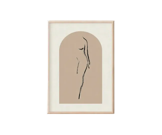 Minimalist line art of a woman's silhouette on a beige background, framed in light wood.