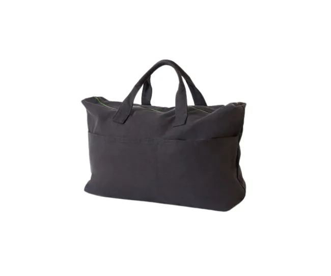 A black fabric tote bag with handles, featuring a minimalistic design.