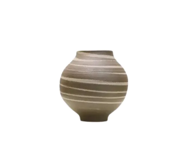 A rounded ceramic vase with horizontal beige and ivory stripes on a white background.