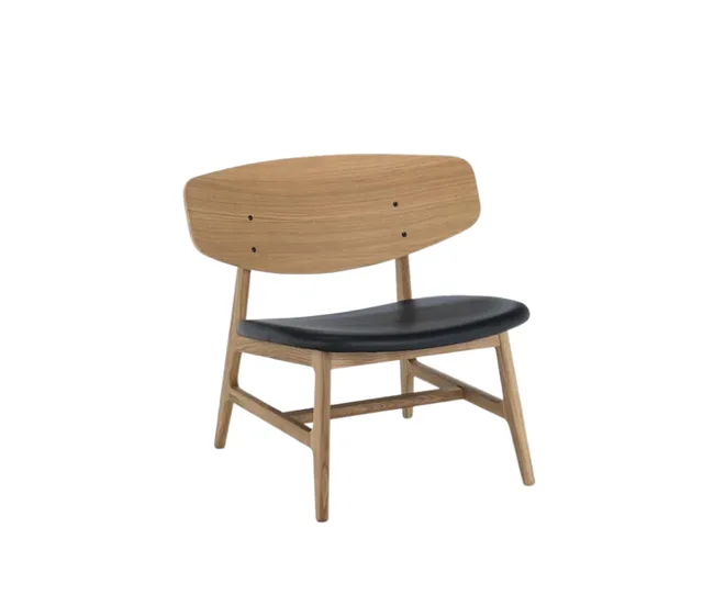 Wooden chair with a curved backrest and a black cushioned seat, on a white background.
