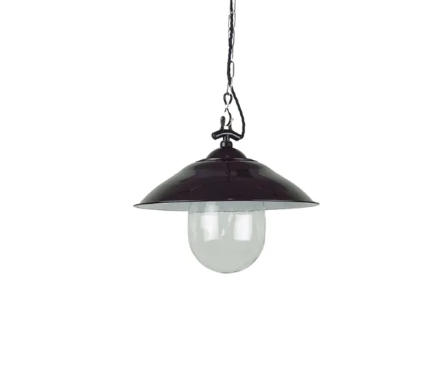 Hanging pendant lamp with a black metal shade and glass bulb cover on a chain.