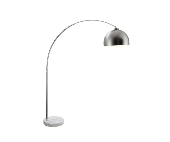 Arc floor lamp with a curved chrome arm and a marble base, featuring a dome-shaped metal shade.