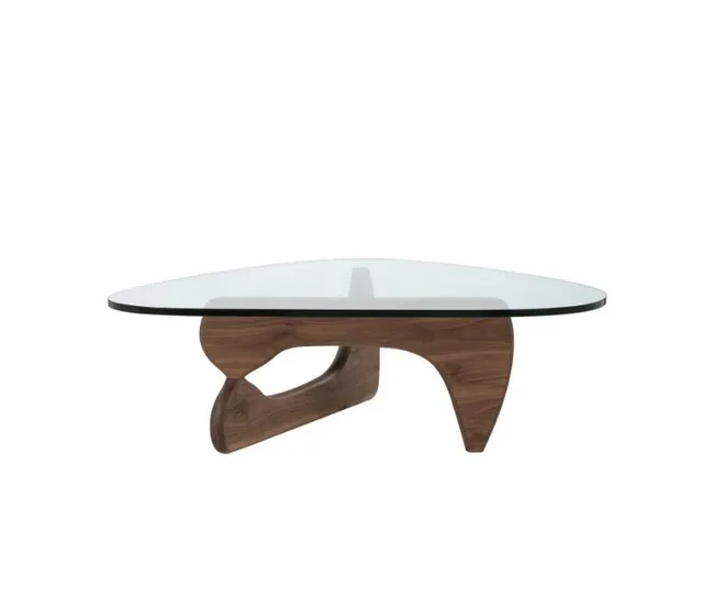 Noguchi-style coffee table with a clear glass top and curved wooden base.