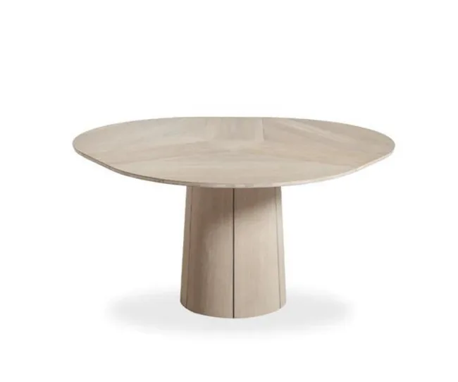 Round wooden table with a wide top and cylindrical base on a white background.