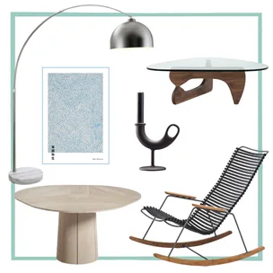 Mid-century modern furniture: arc lamp, coffee table, art print, candle holder, round table, and rocking chair.