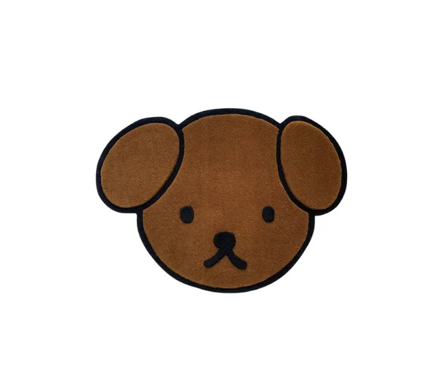 Cartoon-style brown dog face rug on a white background.