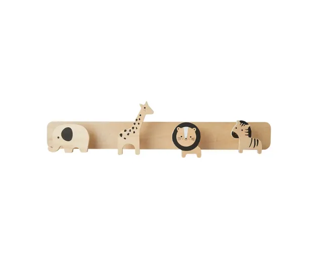 Wooden animal coat pegs on a horizontal board featuring an elephant, giraffe, lion, and zebra.