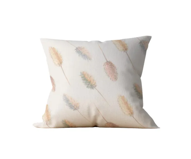 Cushion with a light beige cover featuring a pattern of pastel-colored, feather-like designs.