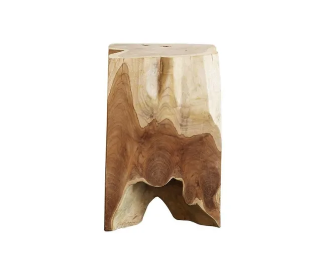 Natural wood stump stool, square shaped with smooth edges and organic texture, displaying light and dark wood grain.