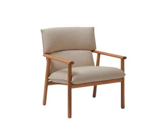 Tan cushioned chair with wooden arms and legs, simple modern design, isolated on white background.