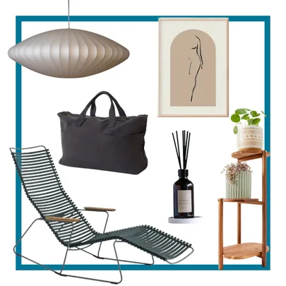 Modern interior decor collage with a pendant lamp, abstract art, black bag, lounge chair, diffuser, and plant stand.