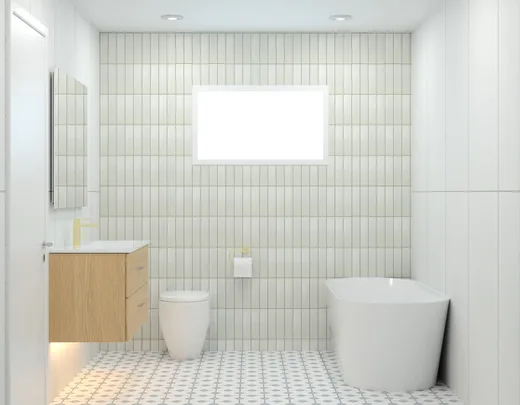 Modern bathroom with a freestanding tub, floating wood vanity, and geometric tile floor under soft lighting.