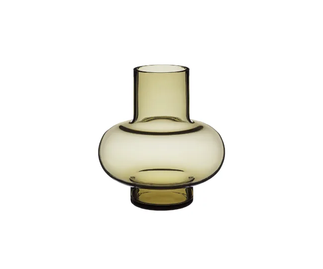 A modern, olive-green glass vase with a bulbous base and narrow neck on a white background.
