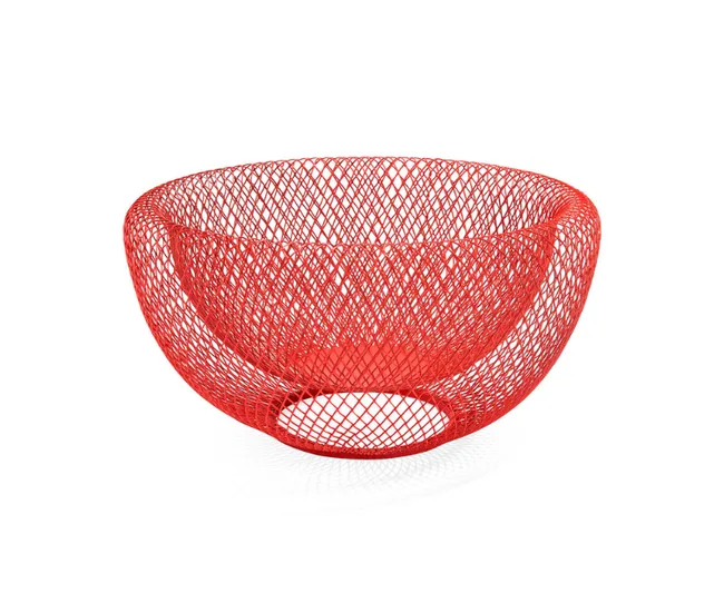 Red wire mesh bowl with an open, airy design on a white background.