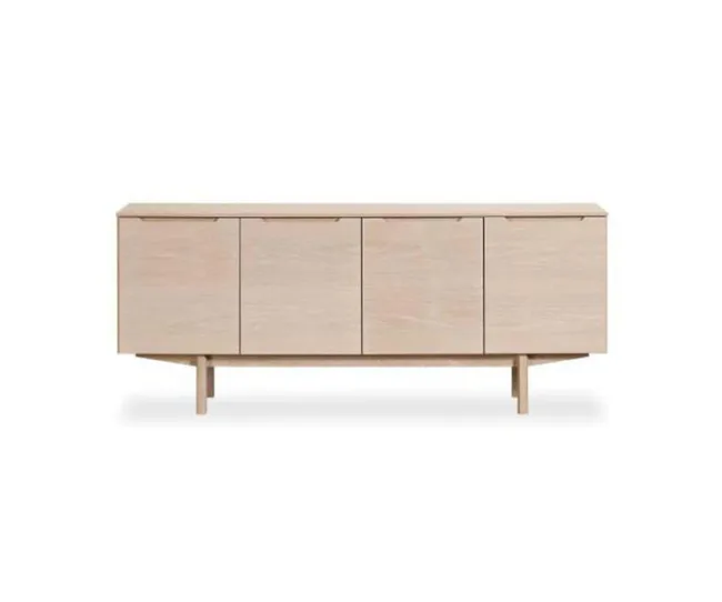 Light wood sideboard with four doors and minimalist design.