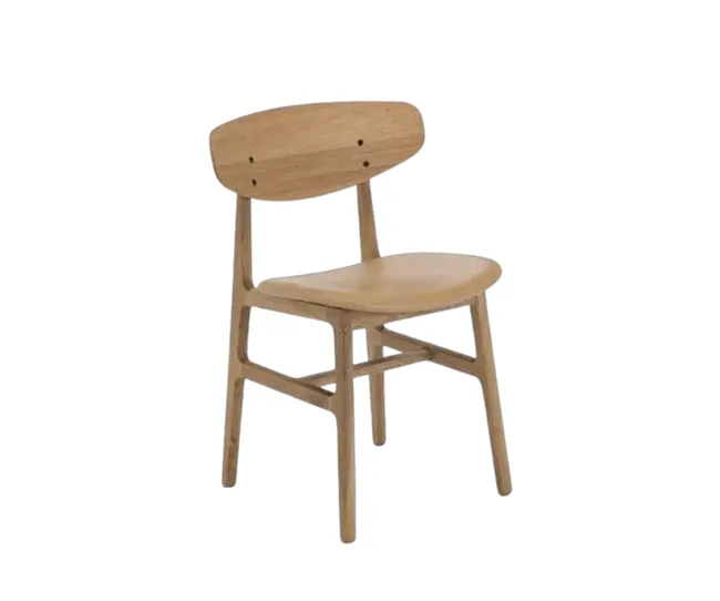 A light wooden chair with a rounded backrest and simple design against a white background.