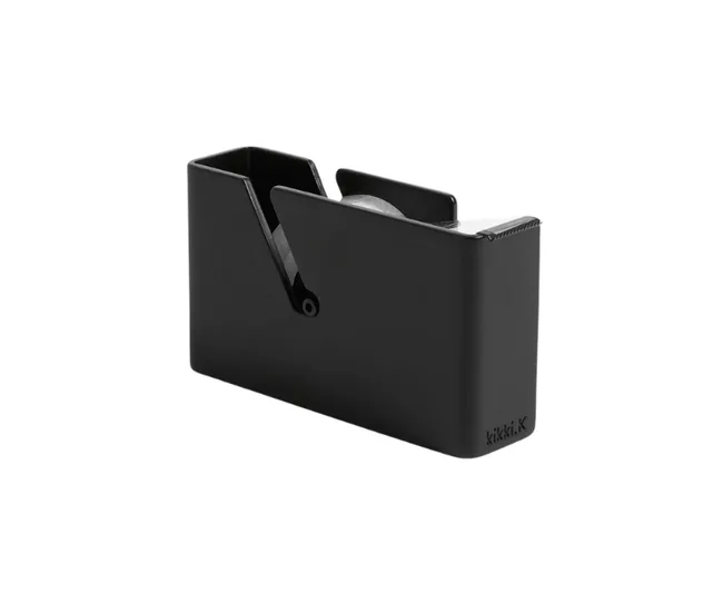 Black tape dispenser with a sleek design, branded kikki.K, on a white background.
