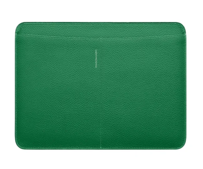 Green leather laptop sleeve with textured surface.