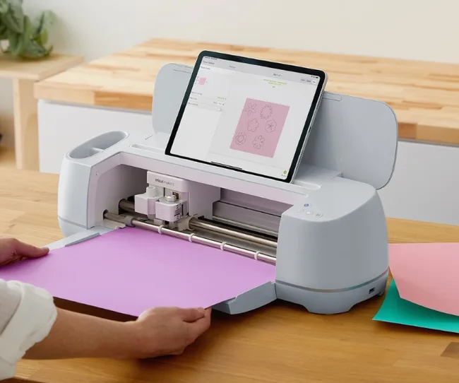 A person operates a Cricut Maker 3 machine, loading pink paper, with a tablet displaying floral designs.