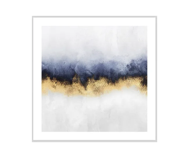 Abstract art with a horizontal band of navy blue and gold on a textured white background. Framed in white.