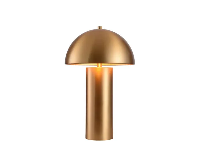 Gold modern dome-shaped table lamp on a cylindrical base, lit from within, against a white background.