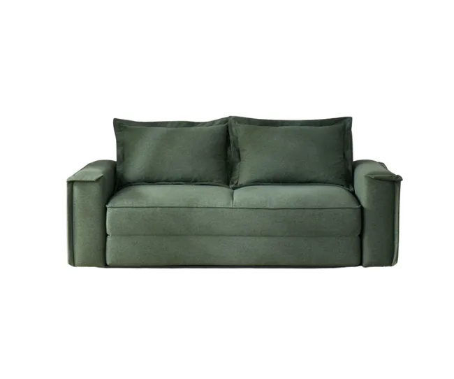 Dark green modern sofa with soft cushions, simple design, and wide armrests against a white background.