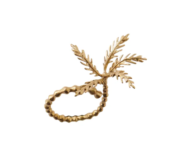 Gold ring with ornate leaf design and textured band.