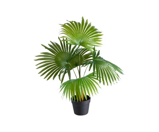 Artificial palm plant with fan-shaped leaves in a black pot on a white background.