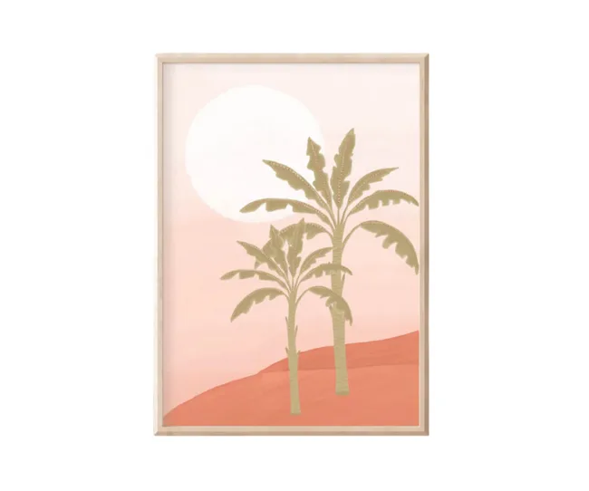 Artwork of palm trees on a sandy hill with a large white sun, in a minimalist wooden frame.