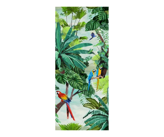Colorful parrots perched among lush tropical foliage in vibrant hues.