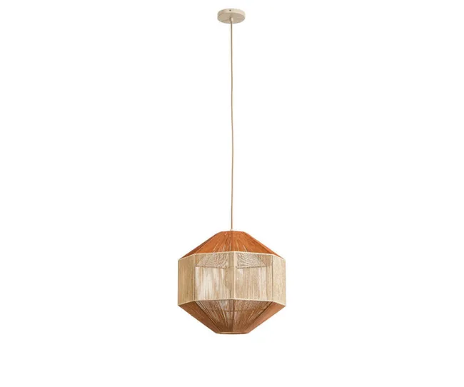 Hanging geometric pendant light with a brown and beige woven design on a white background.