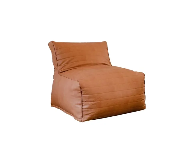 Brown leather bean bag chair with a slanted backrest on a white background.