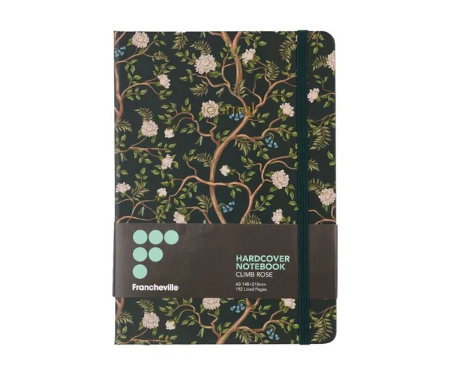 Floral-patterned hardcover notebook with a dark background, labeled "Francheville Climb Rose."
