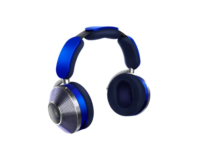 Blue and silver over-ear headphones with a modern design on a white background.