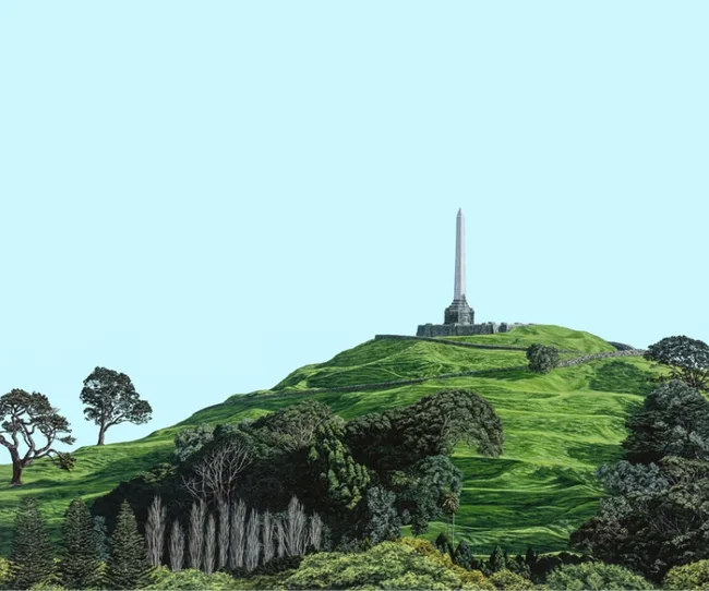 An illustration of a green hill with a prominent obelisk monument on top, surrounded by trees under a clear blue sky.