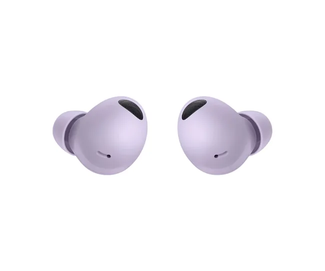 Lavender Samsung Galaxy Buds2 Pro wireless earbuds on a white background.