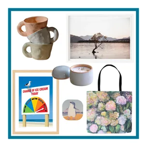 Ceramic mugs, framed lake photo, ice cream chance poster, scented candle, penguin coaster, floral tote bag.