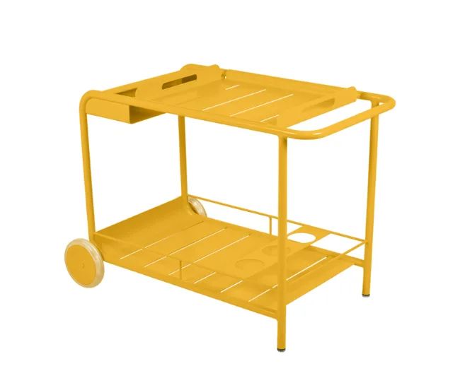 Yellow metal serving cart with two shelves and wheels on one side.