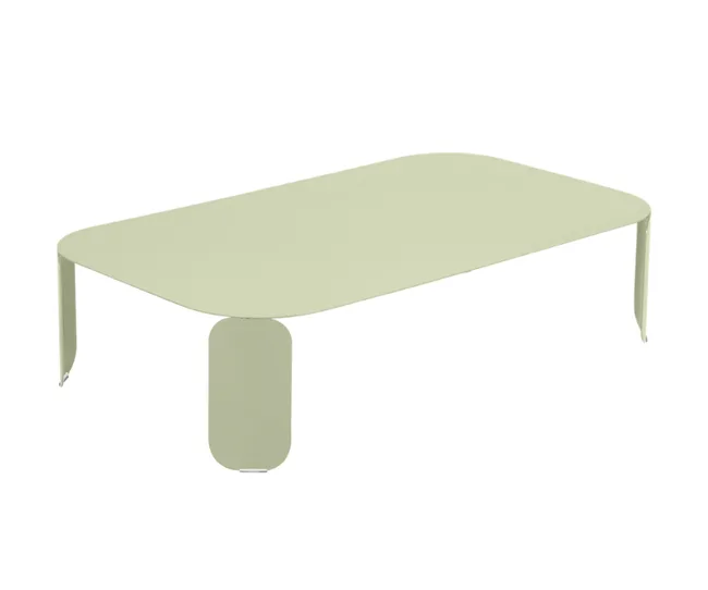 A minimalist, rectangular olive green table with rounded edges and flat, outward-angled legs.