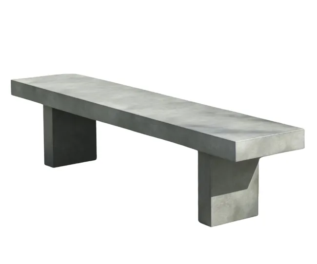 Concrete bench with a minimalist design, featuring a rectangular seat and two sturdy block legs against a white background.