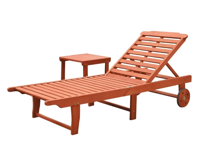 Red wooden outdoor chaise lounge chair with adjustable backrest and small side table.