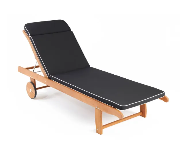 Teak wood chaise lounge with black cushion, wheels, and adjustable backrest on a white background.