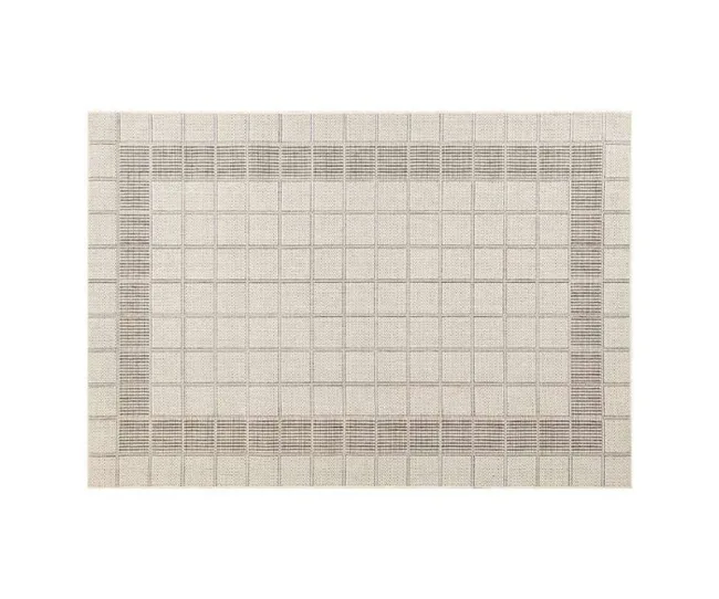 Cream-colored doormat with a grid pattern and a darker border design.