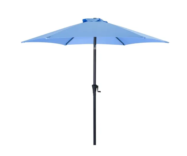 Blue patio umbrella with a black pole and crank handle, centered on a white background.